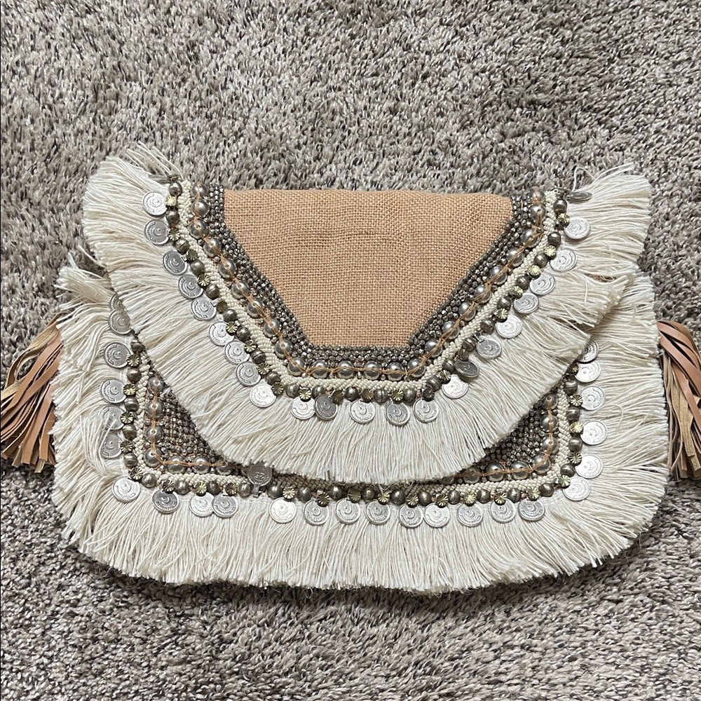 Bohemian Fringe Clutch - Cream and Tan